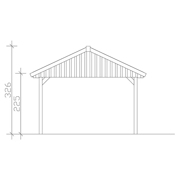 SKAN HOLZ Carport Wallgau - Außenmaß inkl. Dachüberstand (B x T): 4,3 x 9 m, Einzelcarport, Nussbaum, Schwarze Bitumenschindeln - Zeichnung eines Carports mit Satteldach und sichtbaren Maßen, die die Höhe angeben.