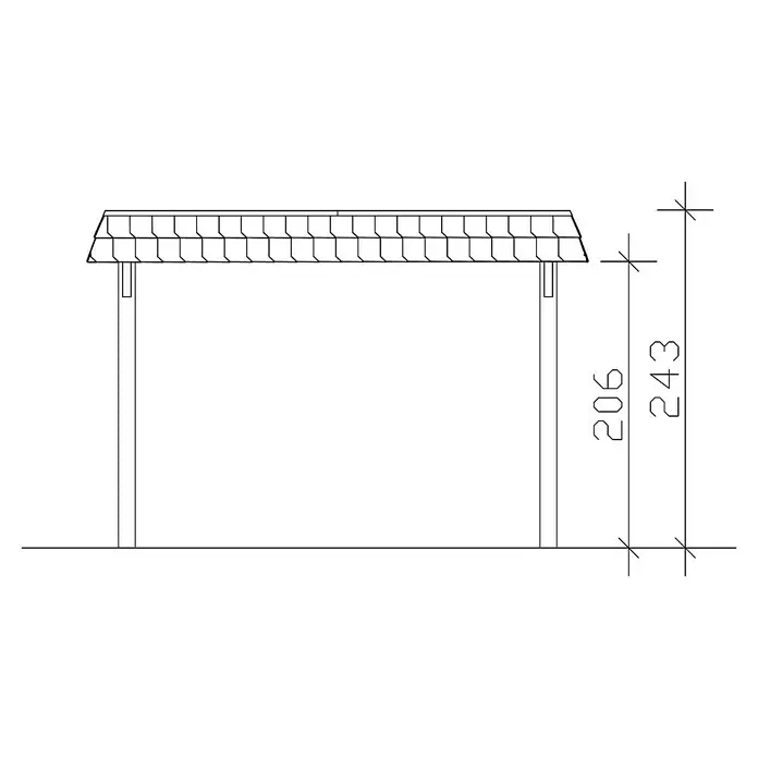 SKAN HOLZ Carport Wendland - Außenmaß inkl. Dachüberstand (B x T): 3,62 x 6,28 m, Einzelcarport, Natur, Farbe Dach: Anthrazit, Dachschalung mit EPDM-Folie - Skizze eines Pavillons mit den Maßen 206 und 243 zur Darstellung der Höhe des Pavillons mit schindelgedecktem Dach und Stützpfosten.