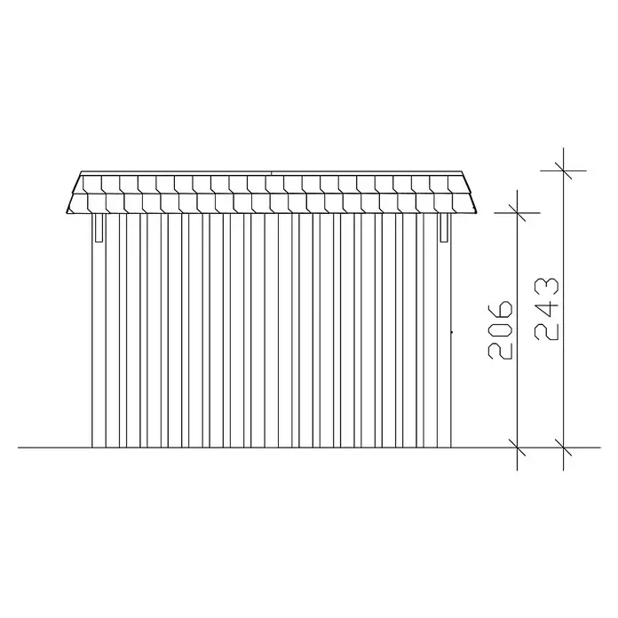 SKAN HOLZ Carport Wendland - Außenmaß inkl. Dachüberstand (B x T): 3,62 x 8,7 m, Einzelcarport, Natur, Farbe Dach: Anthrazit, Materialspezifizierung Dach: Aluminium-Dachplatten - Abbildung eines Gartenhauses mit Dachziegeln, das eine Höhe von 243 Einheiten und eine Wandhöhe von 206 Einheiten aufweist.