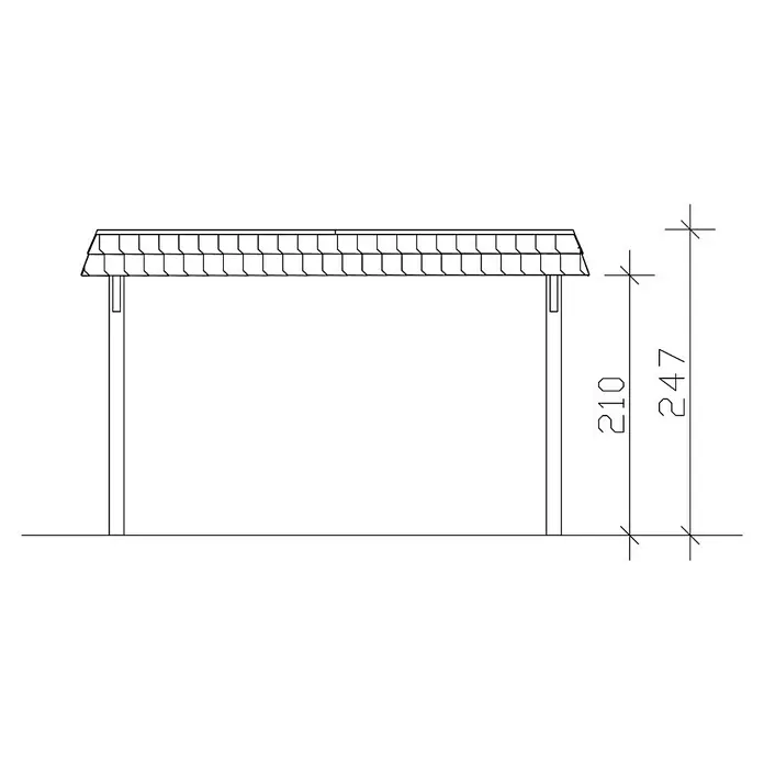 SKAN HOLZ Carport Wendland - Außenmaß inkl. Dachüberstand (B x T): 4,09 x 8,7 m, Einzelcarport, Nussbaum, Farbe Dach: Anthrazit, Materialspezifizierung Dach: EPDM-Folie, Fichte - Schemazeichnung einer Holzkonstruktion mit Dach, Maße 210 und 247 cm, ideal für Garten oder Terrasse.