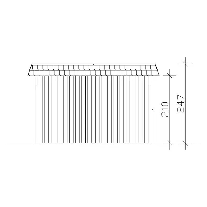 SKAN HOLZ Carport Wendland - Außenmaß inkl. Dachüberstand (B x T): 4,09 x 8,7 m, Einzelcarport, Eiche Hell, Farbe Dach: Anthrazit, Materialspezifizierung Dach: EPDM-Folie, Fichte, Mit Abstellraum - Skizze eines Gartenhauses mit schindelgedecktem Dach und vertikalen Brettern. Die Maße sind angegeben.