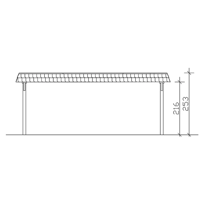 SKAN HOLZ Carport Wendland - Außenmaß inkl. Dachüberstand (B x T): 6,3 x 6,37 m, Doppelcarport, Eiche Hell, Farbe Dach: Anthrazit, Materialspezifizierung Dach: Aluminium-Dachplatten - Illustration eines Unterstandes mit Dach und zwei Pfosten, zeigt die Höhe in der Zeichnung mit 216 und 253.