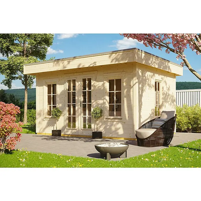 SKAN HOLZ Gartenhaus Basel 2 - Außenmaß inkl. Dachüberstand (B x T): 460 x 440 cm, Holz, Natur - Ein helles Holzgartenhaus mit Fenstern und Türen, umgeben von Grün, lädt zum Verweilen ein. Entspannung pur im eigenen Garten.