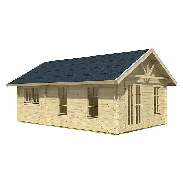 SKAN HOLZ Gartenhaus Bern 4 - Außenmaß inkl. Dachüberstand (B x T): 500 x 740 cm, Holz, Natur, 27,72 m² - Dieses Bild zeigt eine vorgefertigte Blockhütte aus Holz mit dunkelblauem Dach und Fenstern. Ideal als Gartenhaus oder Ferienhaus.