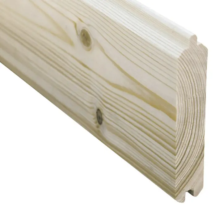 Skan Holz Gartenhaus Breda 2Außenmaß inkl. Dachüberstand (B x T): 420 x 440 cm, Holz, Schiefergrau - Nahaufnahme eines hellen, unbehandelten Bretts aus Nadelholz mit sichtbaren Jahresringen und Ästen, ideal für Bau- und Heimwerkerprojekte.