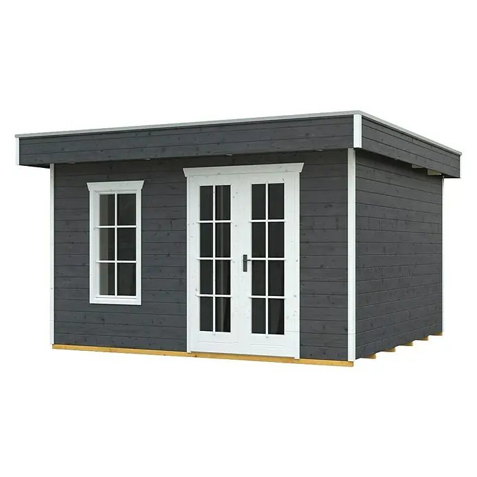 SKAN HOLZ Gartenhaus Breda 1 - Außenmaß inkl. Dachüberstand (B x T): 420 x 360 cm, Holz, Schiefergrau - Das Bild zeigt ein modernes Gartenhaus mit Doppeltür und Fenster, ideal für den Garten. Die graue Farbe und die weißen Rahmen verleihen ihm ein elegantes Aussehen.