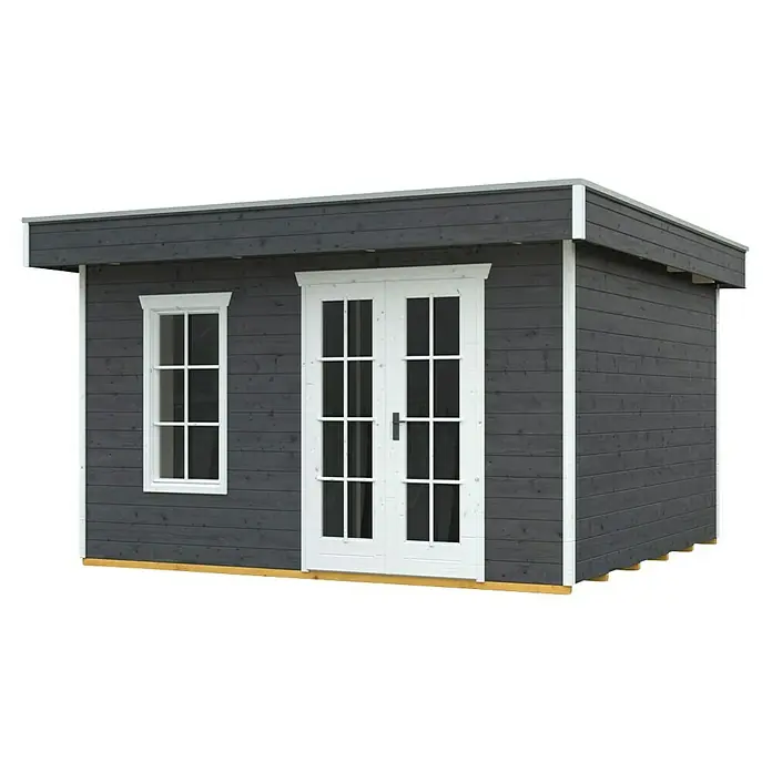 SKAN HOLZ Gartenhaus Breda 2 - Außenmaß inkl. Dachüberstand (B x T): 420 x 440 cm, Holz, Schiefergrau - Das Foto zeigt ein Gartenhaus mit Doppeltür und Fenster. Das Haus ist aus dunklem Holz gefertigt und hat weiße Akzente an Tür und Fensterrahmen.