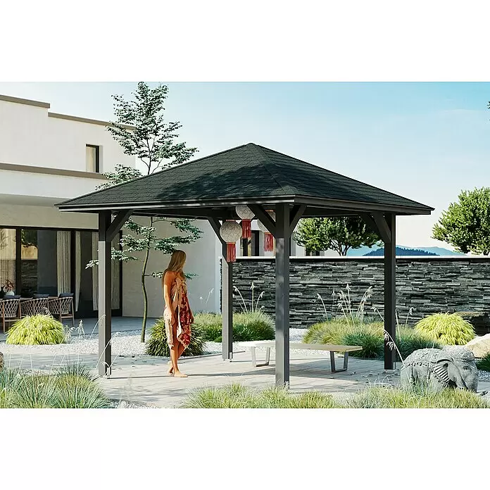 SKAN HOLZ Pavillon Cannes 1 - L x B: 374 x 374 cm, Schiefergrau - Stimmungsaufnahme