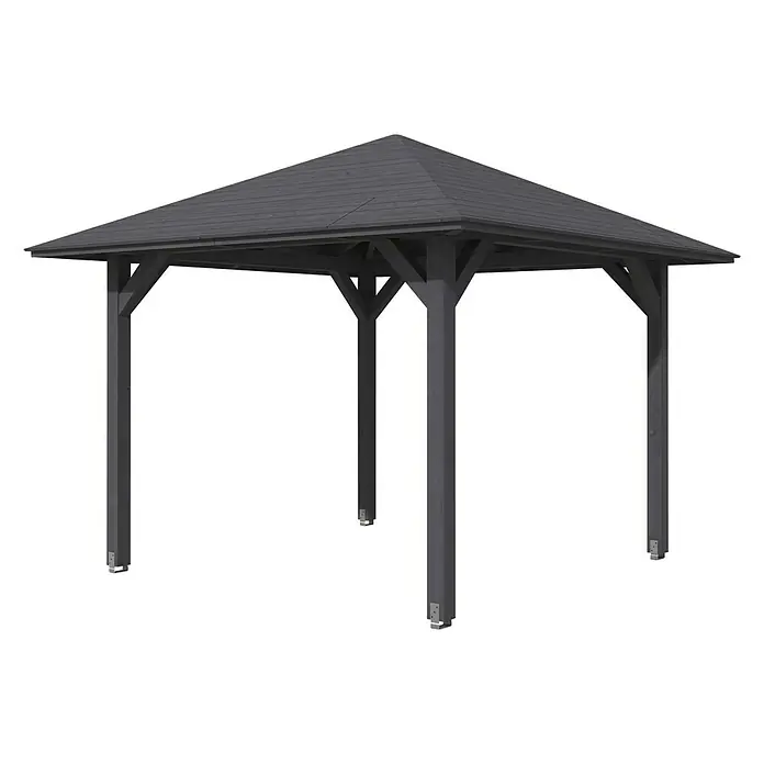 SKAN HOLZ Pavillon Cannes 1 - L x B: 374 x 374 cm, Schiefergrau - Das Bild zeigt einen Pavillon mit einem dunklen Dach und vier Stützpfeilern. Er wirkt stabil und wetterfest.