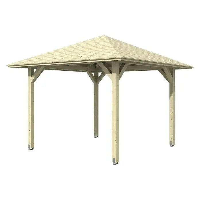 SKAN HOLZ Pavillon Cannes 1 - L x B: 374 x 374 cm, Natur - Attraktives Holzpavillon mit schrägem Dach. Die robuste Konstruktion bietet Schutz und einladenden Schatten im Garten.
