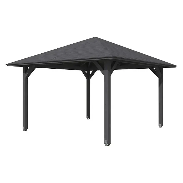 SKAN HOLZ Pavillon Cannes 2 - L x B: 439 x 439 cm, Schiefergrau - Ein detailreiches Bild eines grauen Pavillons mit einem Pyramidendach, das einen stilvollen und schattenspendenden Außenbereich bietet.