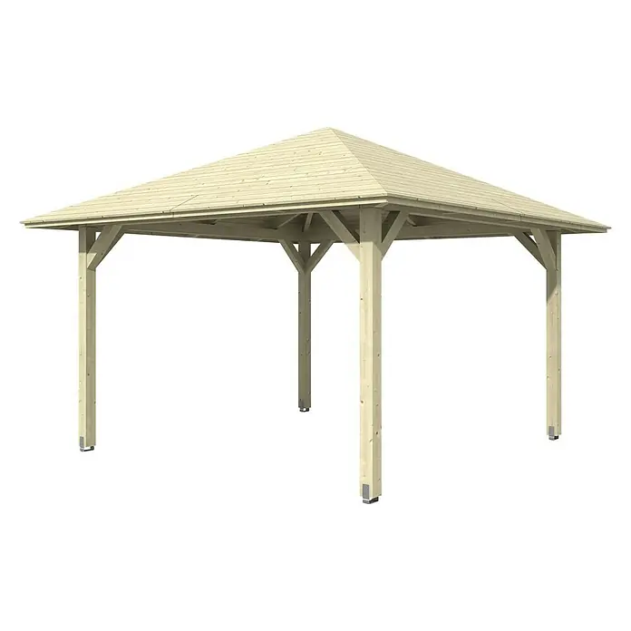 SKAN HOLZ Pavillon Cannes 2 - L x B: 439 x 439 cm, Natur - Helle Holzpergola mit quadratischem Dach und stabilen Säulen auf schwarzem Hintergrund. Ideal für Garten und Terrasse.