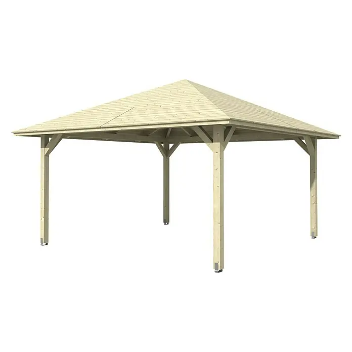 SKAN HOLZ Pavillon Cannes 3 - L x B: 504 x 504 cm, Natur - Bild eines hellen Holzpavillons mit einem pyramidenförmigen Dach und stabilen Pfosten auf einem schwarzen Hintergrund.