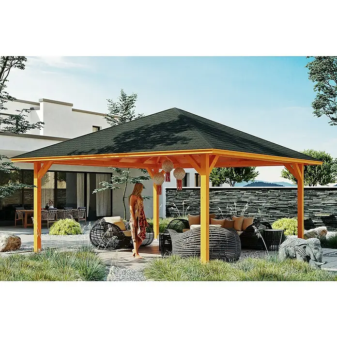 SKAN HOLZ Pavillon Cannes 4 - L x B: 569 x 569 cm, Eiche hell - Überdachter Außenbereich mit Gartenmöbeln und Dekorationen, die zum Entspannen einladen. Die Pergola bietet Schutz vor Sonne und Wetter.