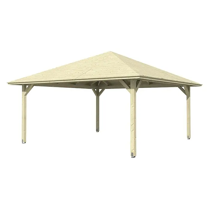 SKAN HOLZ Pavillon Cannes 4 - L x B: 569 x 569 cm, Natur - Abbildung eines beigen Pavillons mit quadratischem Dach und hölzernen Pfosten. Der Pavillon bietet Schatten und Schutz im Freien.