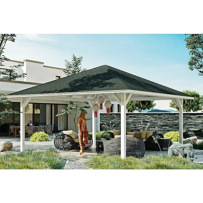 SKAN HOLZ Pavillon Cannes 4 - L x B: 569 x 569 cm, Weiß - Diese Aufnahme zeigt einen Pavillon mit dunklem Dach und dekorativen Kugel-Lampen, der zum Verweilen im Freien einlädt.