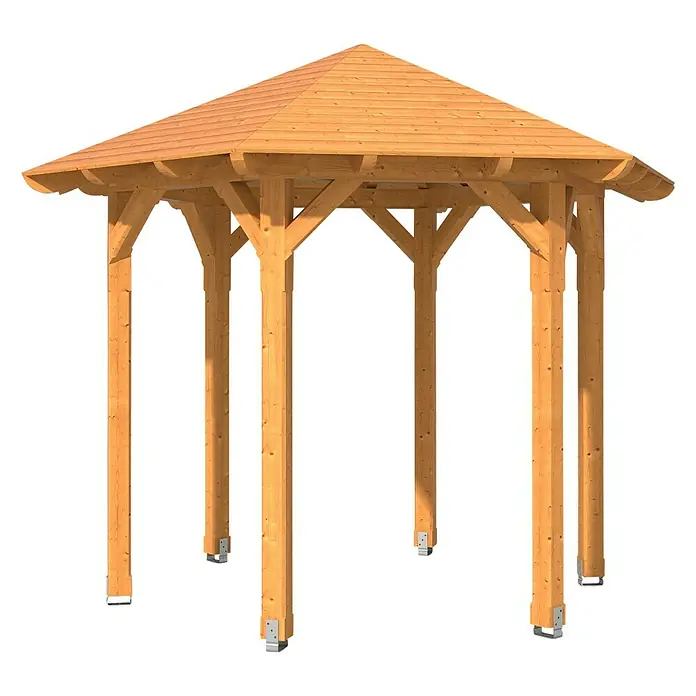 SKAN HOLZ Pavillon Colmar 1 - L x B: 312 x 360 cm, Natur - Detailaufnahme eines Holzpavillons mit achteckigem Dach, der Stabilität und rustikalen Charme für jeden Garten bietet.
