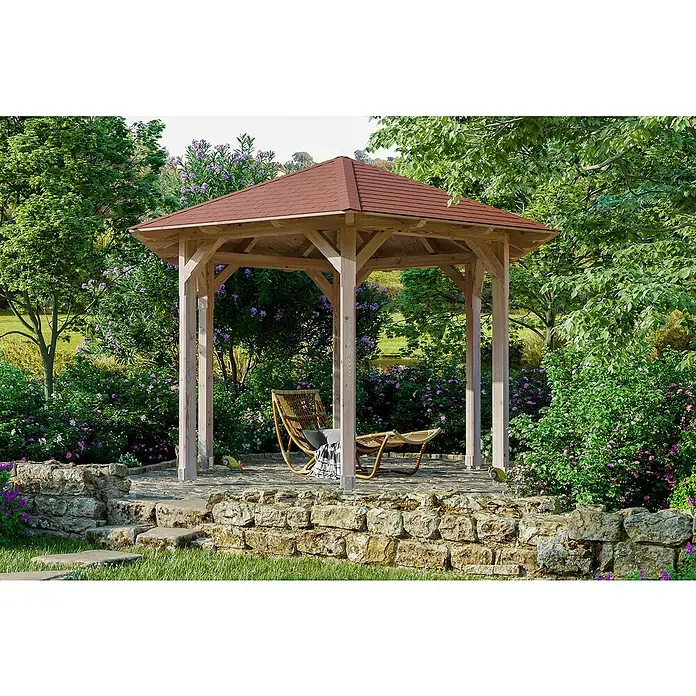 SKAN HOLZ Pavillon Colmar 2 - L x B: 364 x 420 cm, Natur - Gartenlaube mit rotem Dach und Korbstuhl inmitten üppiger Natur, ideal zum Entspannen im Freien.