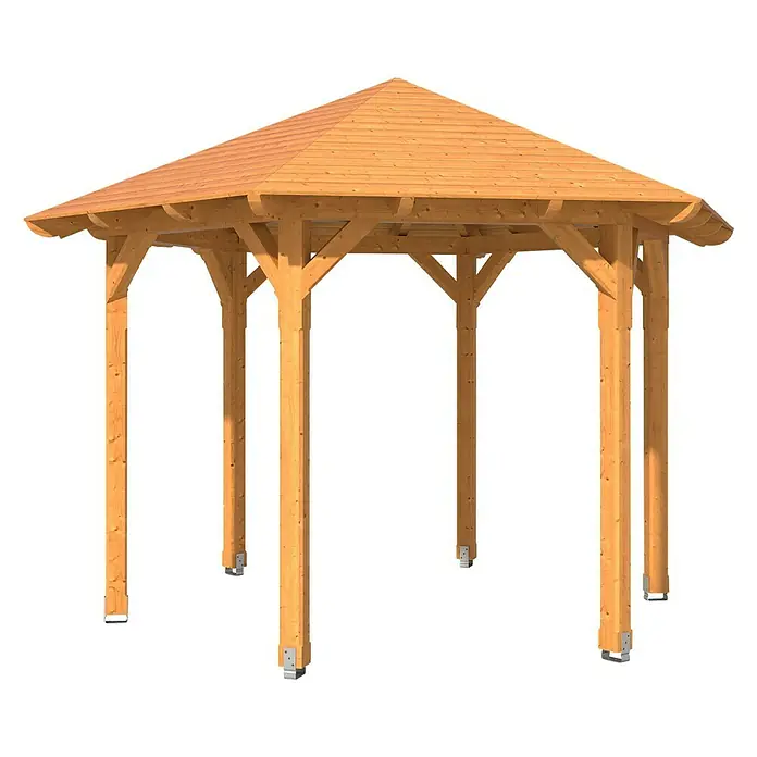 SKAN HOLZ Pavillon Colmar 2 - L x B: 364 x 420 cm, Natur - Ansicht eines Holzpavillons mit Dachziegeln und einem soliden Holzrahmen, ideal für den Garten.