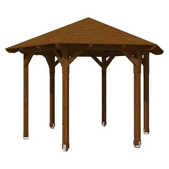 SKAN HOLZ Pavillon Colmar 2 - L x B: 364 x 420 cm, Nussbaum - Ein detailreiches Bild eines Holzpavillons mit einem markanten braunen Dach und stabilen Pfosten, ideal für Gärten und Außenbereiche.