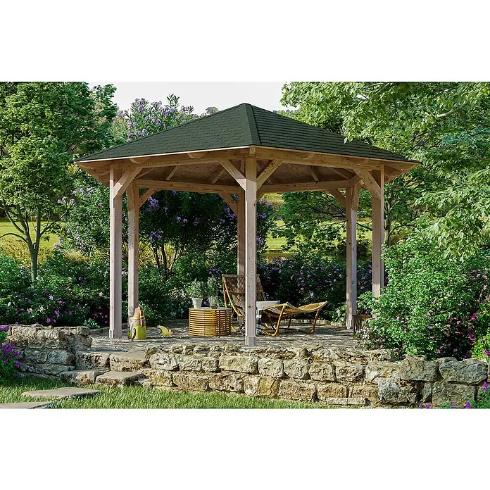 SKAN HOLZ Pavillon Colmar 3 - L x B: 416 x 480 cm, Natur - Einladender Holzpavillon mit schattenspendendem Dach inmitten einer üppigen Gartenlandschaft. Ideal zum Entspannen im Freien.