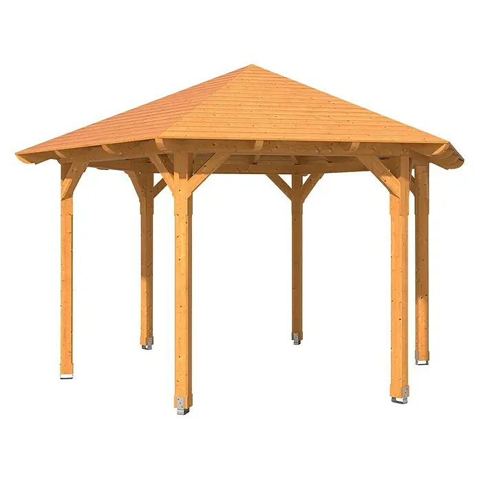 SKAN HOLZ Pavillon Colmar 3 - L x B: 416 x 480 cm, Natur - Holzpavillon mit sechseckigem Dach und stabilen Holzpfosten, ideal für den Garten. Einladender und ästhetischer Außenbereich.