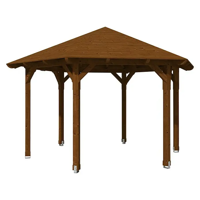 SKAN HOLZ Pavillon Colmar 3 - L x B: 416 x 480 cm, Nussbaum - Bild eines hölzernen Gartenpavillons mit einem sechseckigen Dach und stabilen Pfosten auf schwarzem Hintergrund.