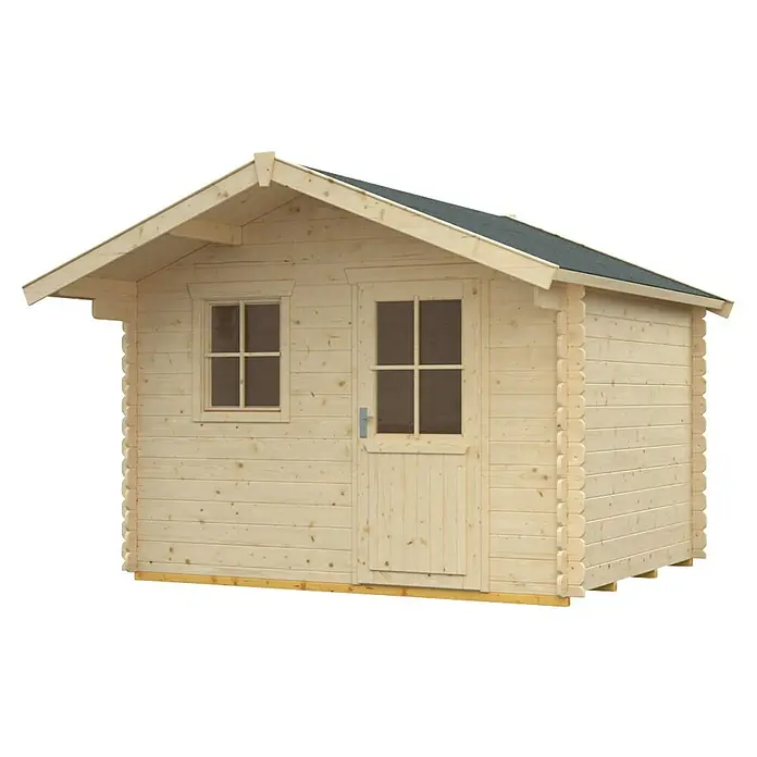 SKAN HOLZ Gartenhaus Como 3 - Außenmaß inkl. Dachüberstand (B x T): 340 x 400 cm, Holz, Natur - Abbildung eines Holzgartenhauses mit Fenster und Tür, ideal für die Aufbewahrung oder als Spielhaus im Garten.