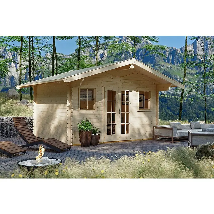 SKAN HOLZ Gartenhaus Davos 1 - Außenmaß inkl. Dachüberstand (B x T): 480 x 430 cm, Holz, Natur - Das Holzhaus mit Fenster und Türen im Grünen bietet einen gemütlichen Rückzugsort.