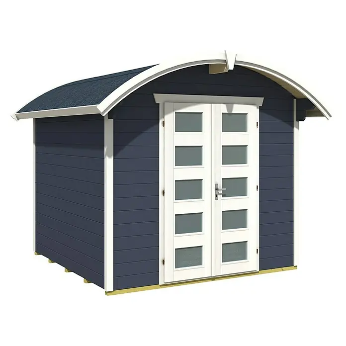 SKAN HOLZ Gartenhaus Delft - Außenmaß inkl. Dachüberstand (B x T): 290 x 310 cm, Holz, Schiefergrau - Abbildung eines Gartenhauses mit blauem Holz und einer weißen Tür mit Fenstern. Dieses Gartenhaus ist ideal für die Lagerung im Freien.