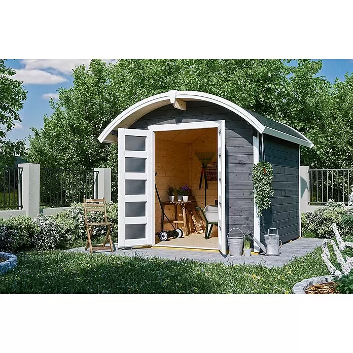 SKAN HOLZ Gartenhaus Delft - Außenmaß inkl. Dachüberstand (B x T): 290 x 310 cm, Holz, Schiefergrau - Stimmungsaufnahme