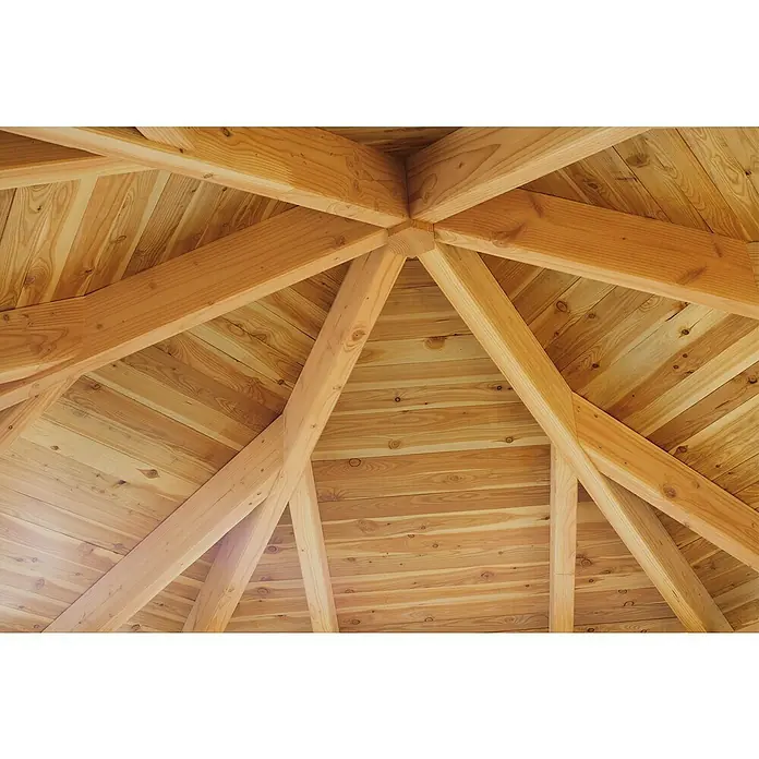 SKAN HOLZ Pavillon Colmar 1 - L x B: 312 x 360 cm, Nussbaum - Innenansicht eines hölzernen Pavillondaches mit sichtbaren Balken und Holzverkleidung, die die solide Konstruktion und natürliche Ästhetik hervorhebt.