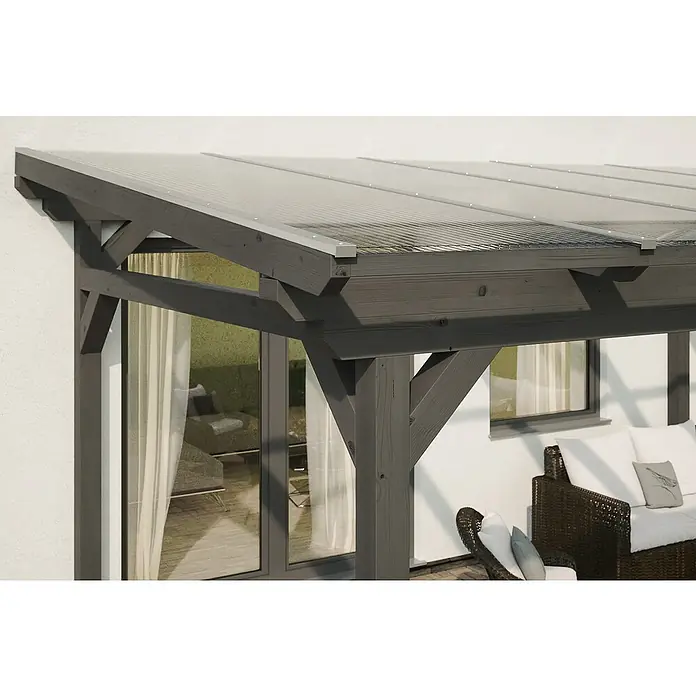 Skan Holz Terrassenüberdachung SanremoB x T: 434 x 250 cm, Schiefergrau, Fichtenholz - Nahaufnahme einer modernen Terrassenüberdachung aus Holz mit transparenten Paneelen, ideal für stilvolle Außenbereiche.