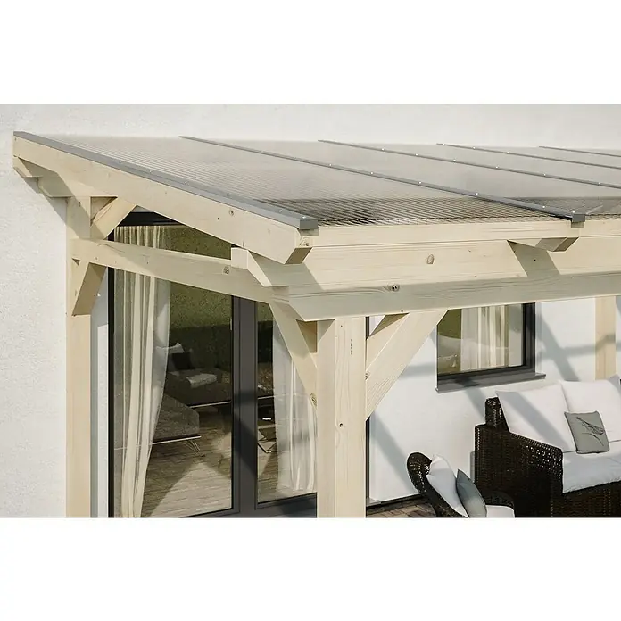 SKAN HOLZ Terrassenüberdachung Sanremo - B x T: 541 x 250 cm, Natur, Fichtenholz - Die Terrassenüberdachung mit ihrer Holzkonstruktion und dem transparenten Dach bietet Schutz und spendet angenehmen Schatten im Außenbereich.