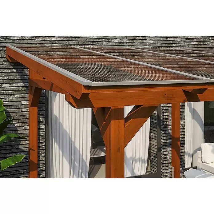 SKAN HOLZ Terrassenüberdachung Siena - B x T: 648 x 350 cm, Fichtenholz, Nussbaum - Stimmungsaufnahme