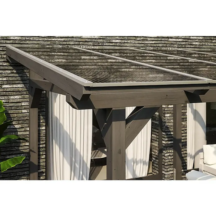 SKAN HOLZ Terrassenüberdachung Siena - B x T: 541 x 300 cm, Fichtenholz, Schiefergrau - Nahaufnahme eines Pavillons mit transparentem Dach und grauem Holzrahmen, der Schatten spendet.