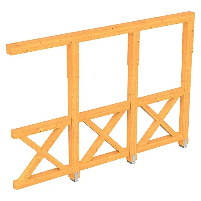 SKAN HOLZ Seitenwand Andreaskreuz - Passend für: Skan Holz Terrassenüberdachungen aus Douglasie, Tiefe 350 cm, Natur - Ein 3D-gerendertes Holzfachwerk mit stabilisierenden Diagonalstreben und robusten Metallankern für sicheren Halt.