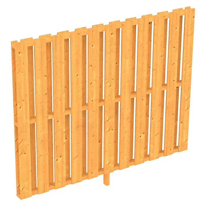 SKAN HOLZ Seitenwand - Passend für: Skan Holz Terrassenüberdachungen aus Douglasie, Tiefe 250 cm, Natur - Nahaufnahme einer Holzpalette mit stabilen Brettern und offenen Zwischenräumen, ideal für Lagerung und Transport.