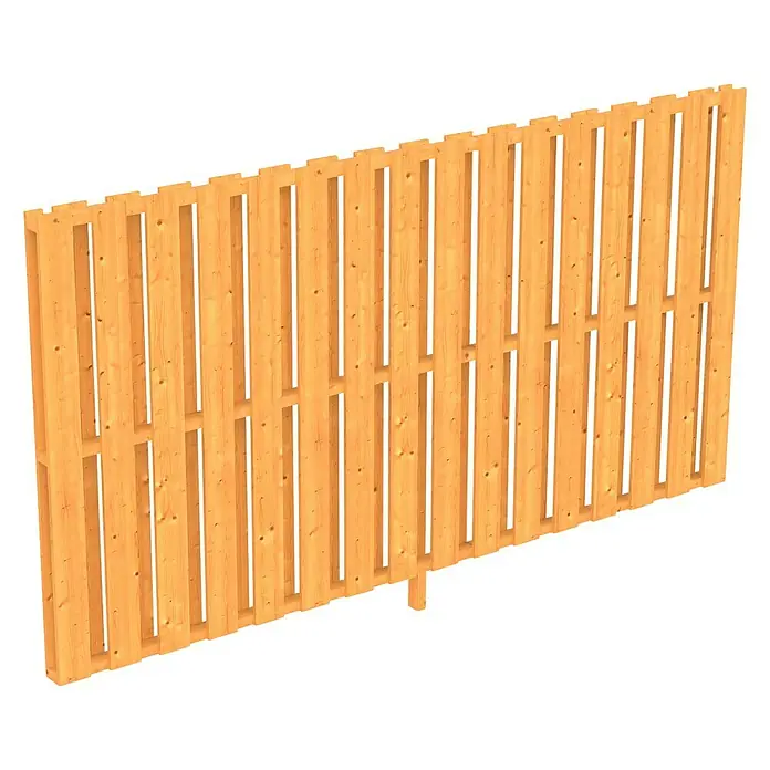 SKAN HOLZ Seitenwand - Passend für: Skan Holz Terrassenüberdachungen aus Douglasie, Tiefe 350 cm, Natur, Holz - Ein Zaun aus Holzlatten in warmen Farbtönen, die Struktur und natürliche Maserung betonen, vor einem schwarzen Hintergrund.