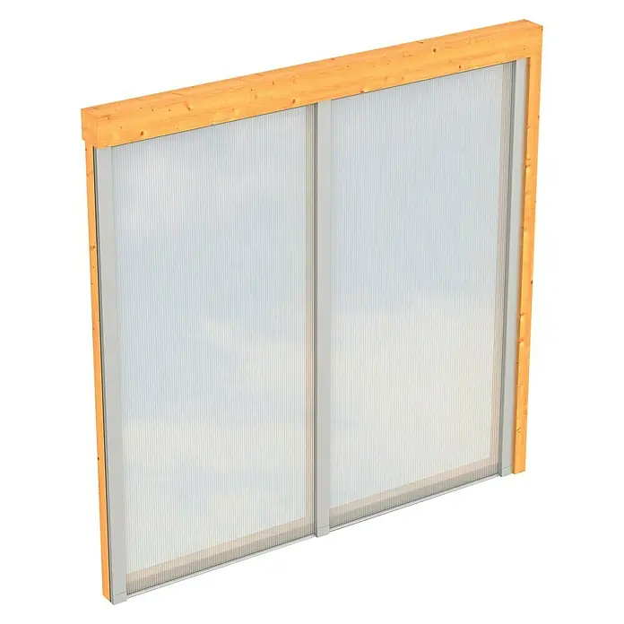 SKAN HOLZ Seitenwand - Passend für: Skan Holz Terrassenüberdachungen aus Douglasie, Tiefe 250 cm, Natur, Holz - Nahaufnahme einer Polycarbonat-Terrassenüberdachung mit Holzrahmen, die ein modernes Design und Funktionalität für Außenbereiche bietet.