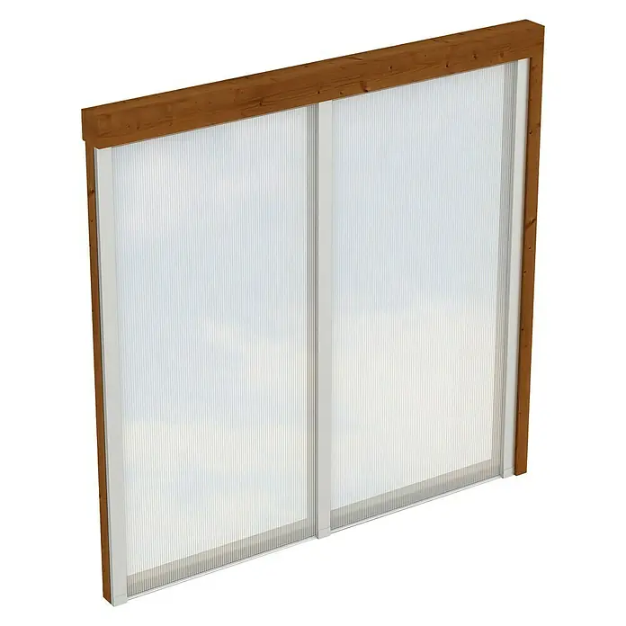 SKAN HOLZ Seitenwand - Passend für: Skan Holz Terrassenüberdachungen aus Douglasie, Tiefe 250 cm, Nussbaum, Polycarbonat - Nahaufnahme einer Polycarbonat-Terrassenüberdachung mit Holzrahmen, die modernes Design und Funktionalität vereint.