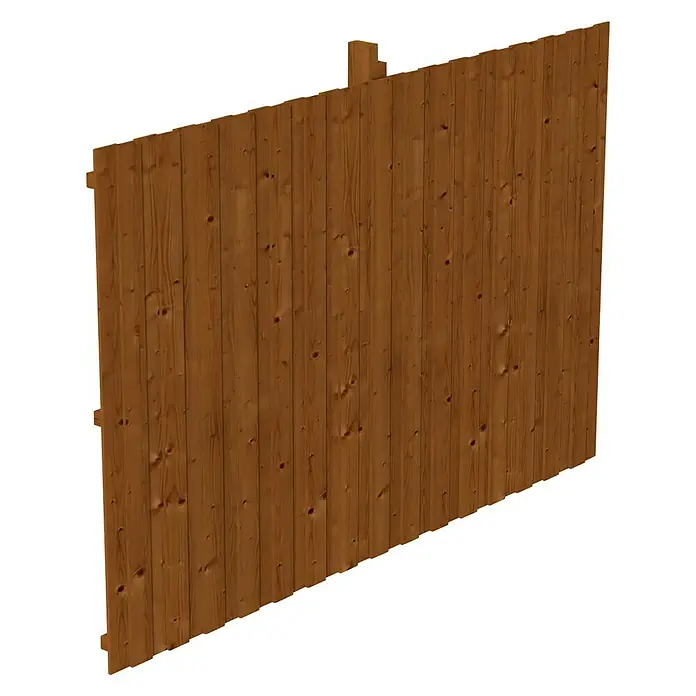 SKAN HOLZ Rückwand - B x H: 341 x 220 cm, Passend für: Skan Holz Carports, Nussbaum - Ansicht eines Zaunelements aus Holz. Das Zaunelement besteht aus vertikalen Brettern, die durch Querriegel verbunden sind, und zeigt eine natürliche Holzmaserung.