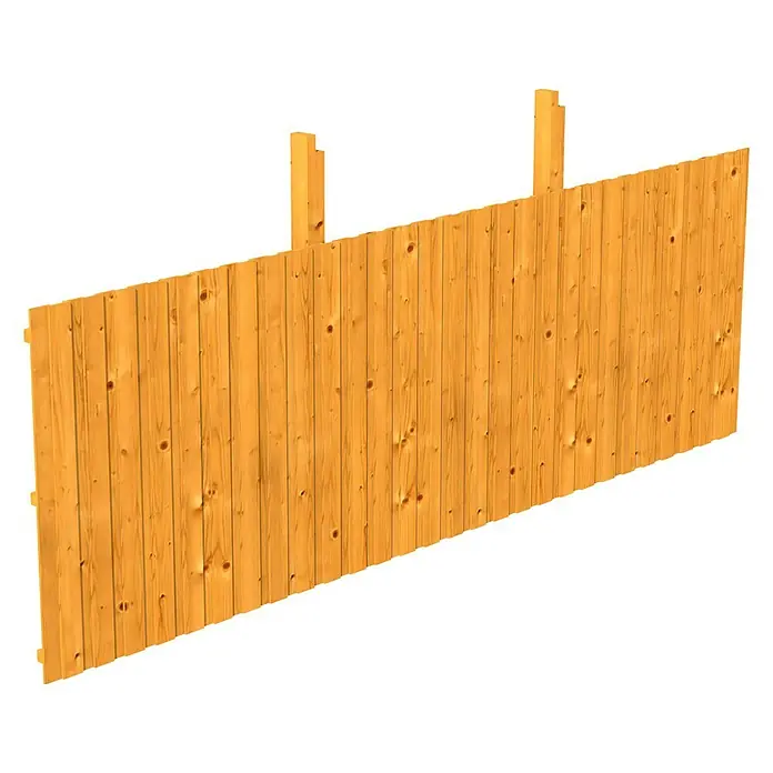 SKAN HOLZ Rückwand - B x H: 550 x 180 cm, Passend für: Skan Holz Carports, Eiche Hell - Nahaufnahme eines Holzgartenzauns mit vertikalen Brettern und Pfosten, der Stabilität und Privatsphäre bietet.