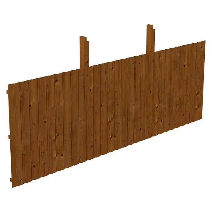 SKAN HOLZ Rückwand - B x H: 550 x 180 cm, Passend für: Skan Holz Carports, Nussbaum - Nahaufnahme eines Teils eines Holzzauns mit Holzpfosten. Das Holz ist warmbraun und hat eine ausgeprägte Maserung.
