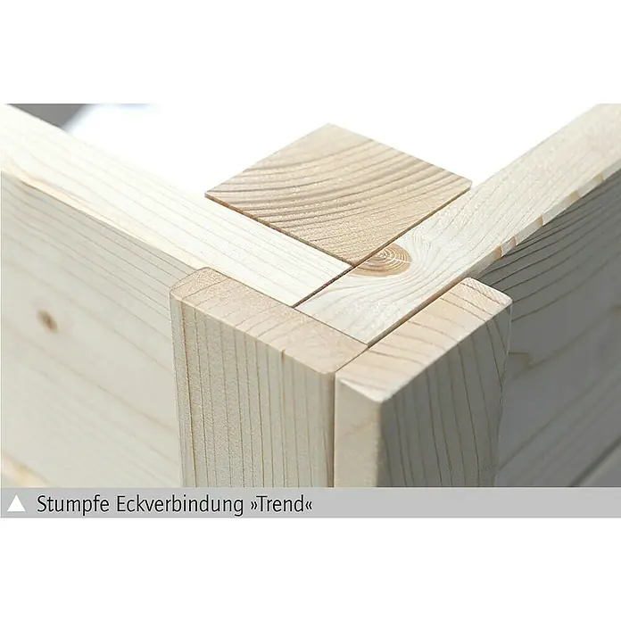 SKAN HOLZ Gartenhaus Basel 2 - Außenmaß inkl. Dachüberstand (B x T): 460 x 440 cm, Holz, Natur - Detailaufnahme einer stumpfen Eckverbindung aus hellem Holz, die eine moderne und minimalistische Ästhetik präsentiert.
