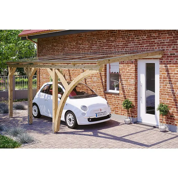 SKAN HOLZ Carport Eifel - Außenmaß inkl. Dachüberstand (B x T): 3 x 5,41 m, Einzelcarport, Natur - Das Bild zeigt einen Carport aus Holz mit einem weißen Auto darunter, der Schutz und ein stilvolles Design bietet.