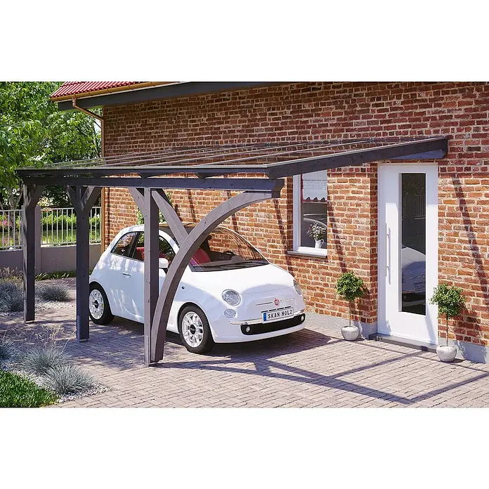 SKAN HOLZ Carport Eifel - Außenmaß inkl. Dachüberstand (B x T): 3 x 5,41 m, Einzelcarport, Schiefergrau - Carport aus Holz mit überdachtem Stellplatz und einem weißen Auto darunter. Praktischer Unterstand im Freien für Fahrzeuge.