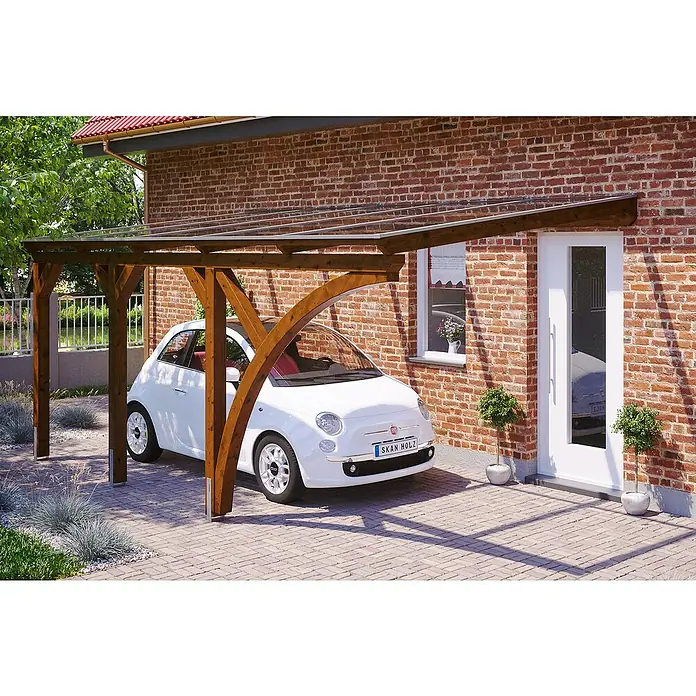 SKAN HOLZ Carport Eifel - Außenmaß inkl. Dachüberstand (B x T): 3 x 5,41 m, Einzelcarport, Nussbaum - Carport aus Holz mit weißem Auto darunter.
