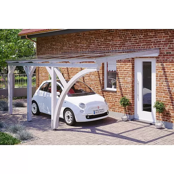 SKAN HOLZ Carport Eifel - Außenmaß inkl. Dachüberstand (B x T): 3 x 5,41 m, Einzelcarport, Weiß - Anwendungsbeispiel