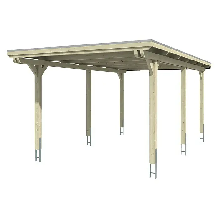SKAN HOLZ Carport Emsland - Außenmaß inkl. Dachüberstand (B x T): 3,54 x 6,04 m, Einzelcarport, Weiß, Materialspezifizierung Dach: EPDM-Folie, Fichte - Abbildung eines Holzcarports mit Flachdach und stabilen Pfosten, ideal für den Schutz von Fahrzeugen vor Witterungseinflüssen.